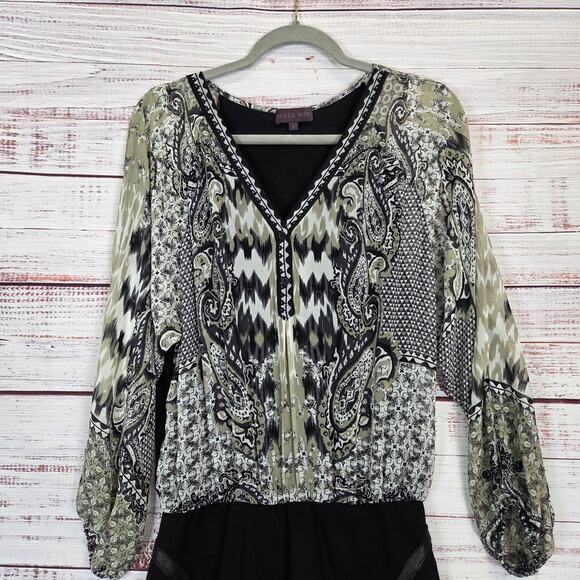 Hale Bob Paisley Mixed Media Mini Dress S Blouson Top Bodycon Skirt Puff Sleeve - Picture 3 of 13